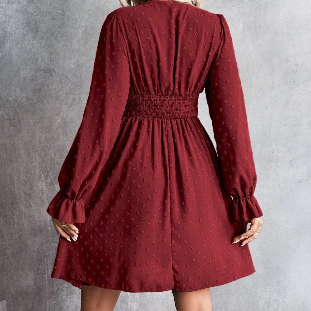burgundy Boho Women's Swiss Dot Ruched Waist Flounce Sleeve Dress